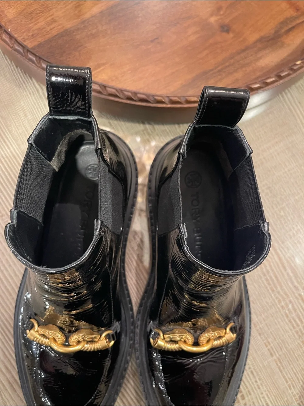 Tory Burch Women’s Black Patent Leather Boots with Gold Accent